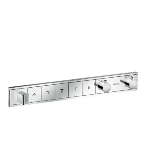 Thermostatsteuerung von Hansgrohe mit Bedienelementen für mehrere Verbraucher und einem integrierten Brausehalter in einem schlichten, verchromten Design.